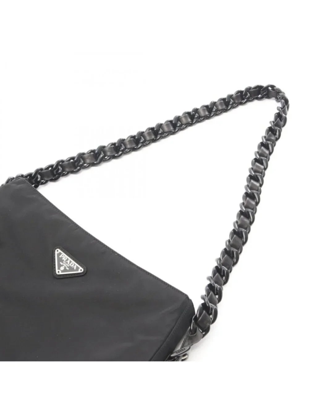 Prada Shoulder Bag Tessuto Bacheli Black Nylon Leather Triangle Logo Chain